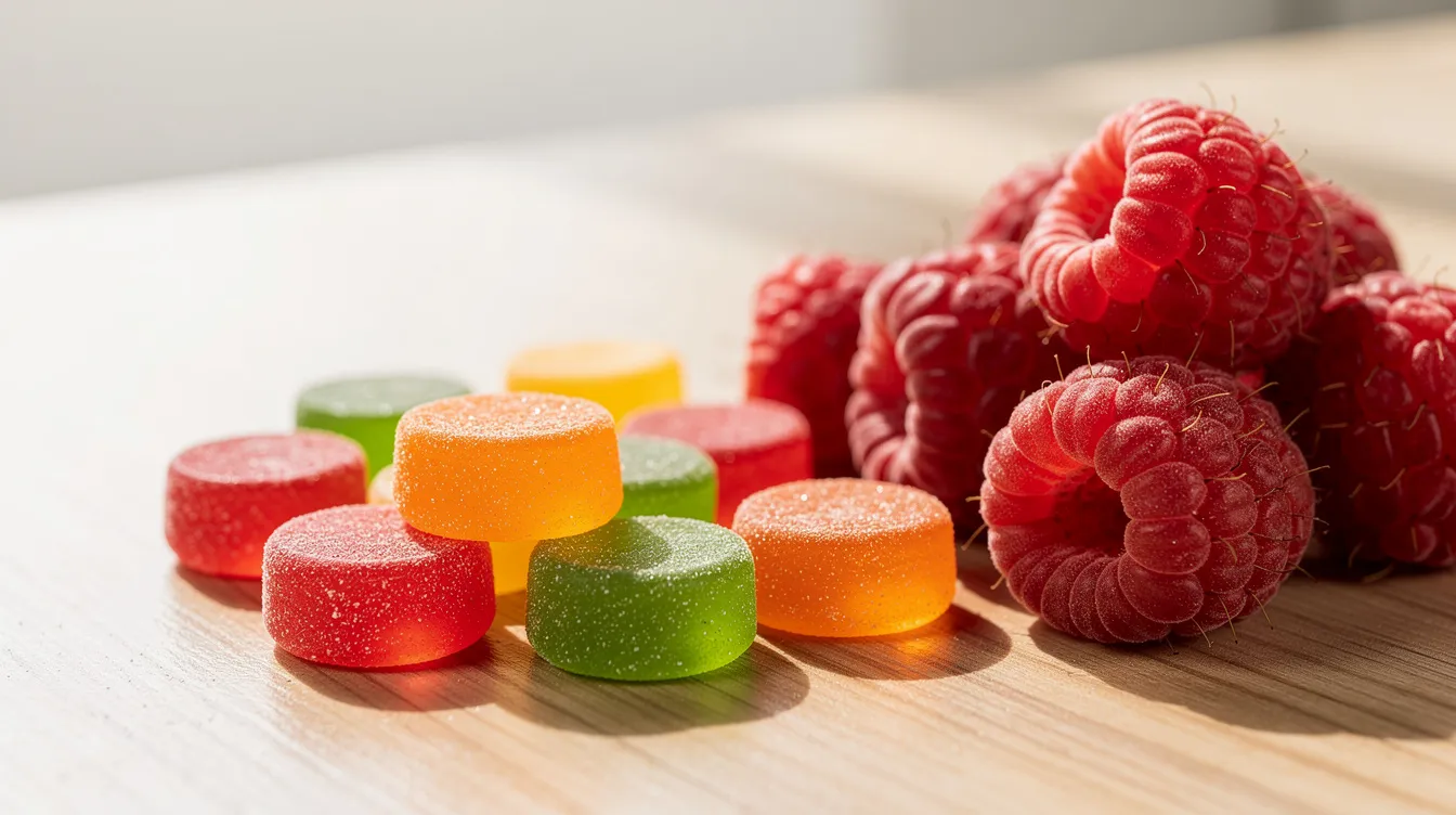 A handful of vibrant mushroom gummies, featuring a raspberry flavor, is placed on a light wooden surface beside fresh raspberries, highlighting the natural energy boost and wellness benefits these supplements offer for improved focus and mood.