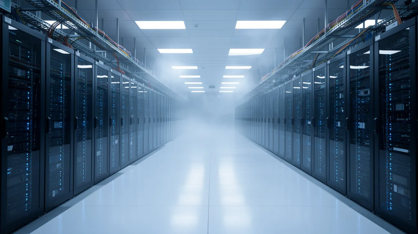 The image depicts a large, modern data center building filled with rows of servers illuminated by blue LED lighting, showcasing the advanced cloud infrastructure that supports various cloud computing services. This environment highlights the importance of scalable resources and data security in public cloud services, essential for today's cloud service providers.