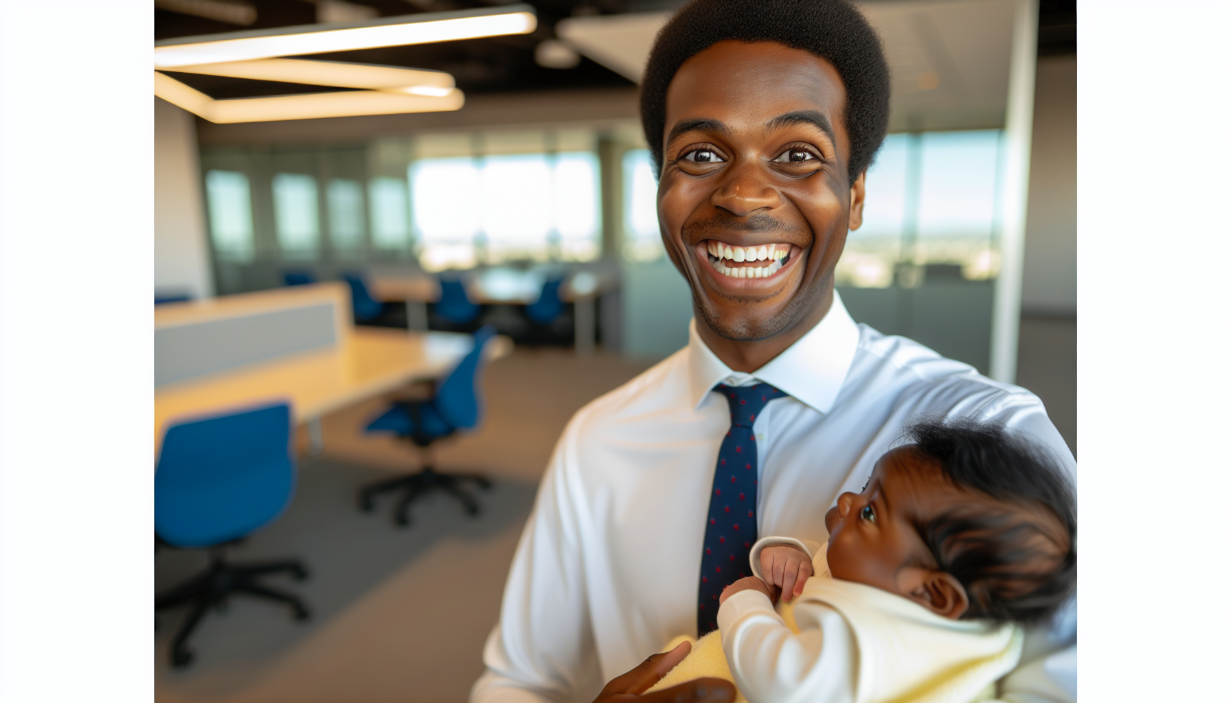 A smiling employee holding a newborn baby, representing parental leave support in Palo Alto