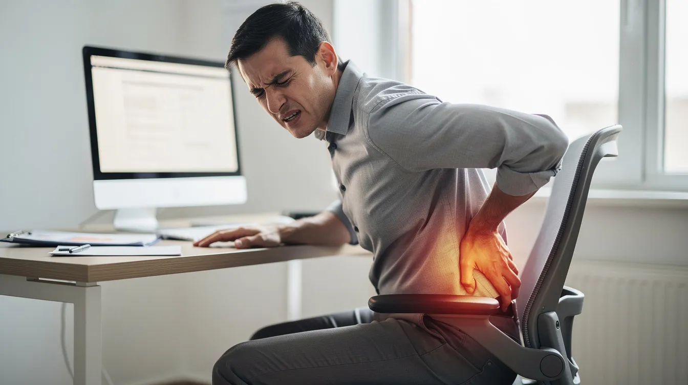 A person is sitting while holding their lower back, showing signs of discomfort, possibly due to a medical condition like degenerative disc disease or back injuries. This image reflects the struggles that individuals may face when dealing with chronic pain, which can significantly limit their ability to engage in substantial gainful activity and may lead to a social security disability claim.