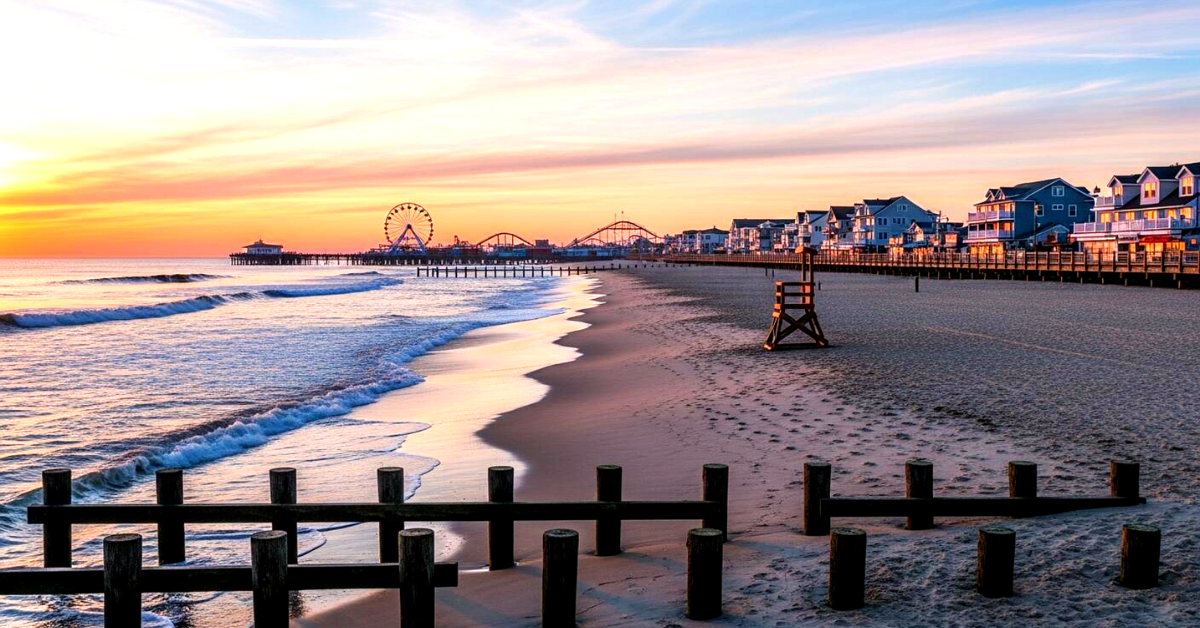 Seaside Park NJ beach at sunset with boardwalk, waves, and amusement pier along the Jersey Shore