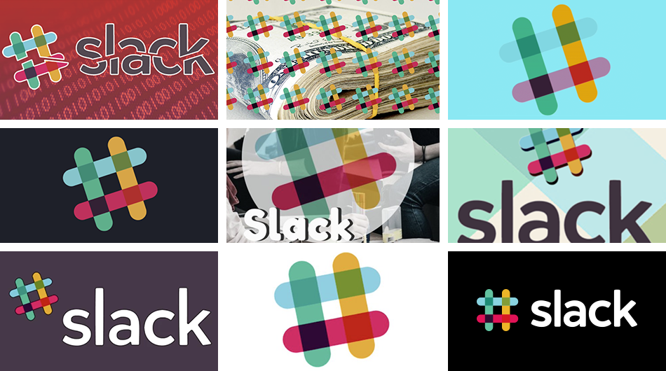 A collection of examples with the old slack logo, and various attempts at making it uniform. Their old logo is a hashtag or pound sign, with 8 colors due to the hashtag lines being translucent. 