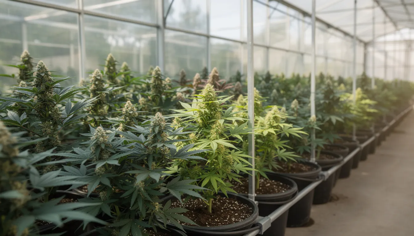 Das Bild zeigt verschiedene Cannabispflanzensorten, die nebeneinander in einem Gewächshaus wachsen. Jede Pflanze hat ihre eigenen Eigenschaften und Unterschiede, die potenziell verschiedene Wirkungen auf das endocannabinoid system haben können.