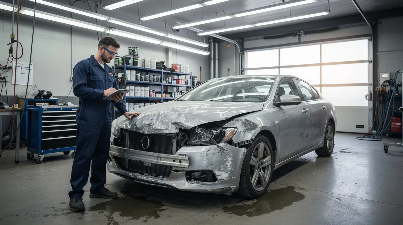 A technician is inspecting a damaged car inside an auto body repair garage, highlighting the repair process involved after an accident. Understanding how insurance deductibles, such as collision and comprehensive coverage, impact claims can help vehicle owners manage their out-of-pocket costs effectively.