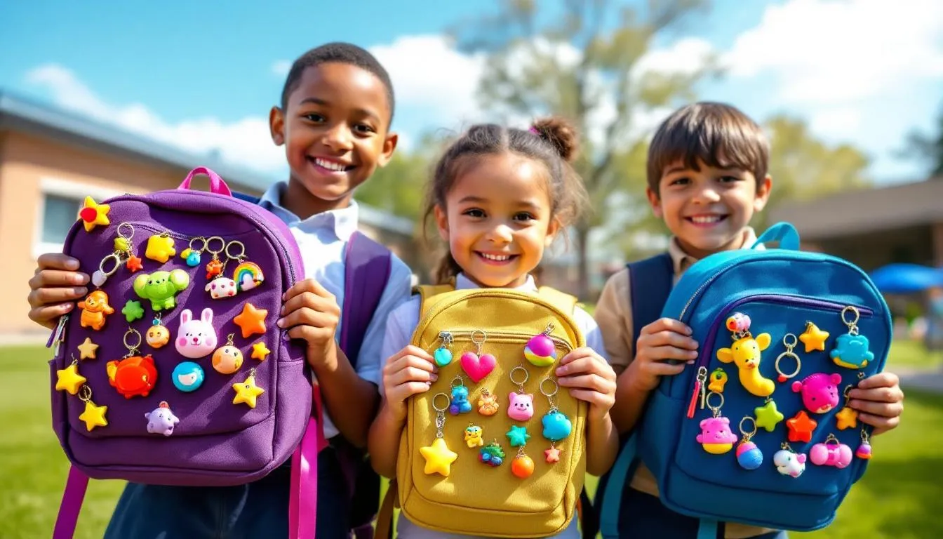 Dzieci ze szkolnymi plecakami ozdobionymi kolorowymi breloczkami 3D. Każdy plecak ma indywidualny styl.
