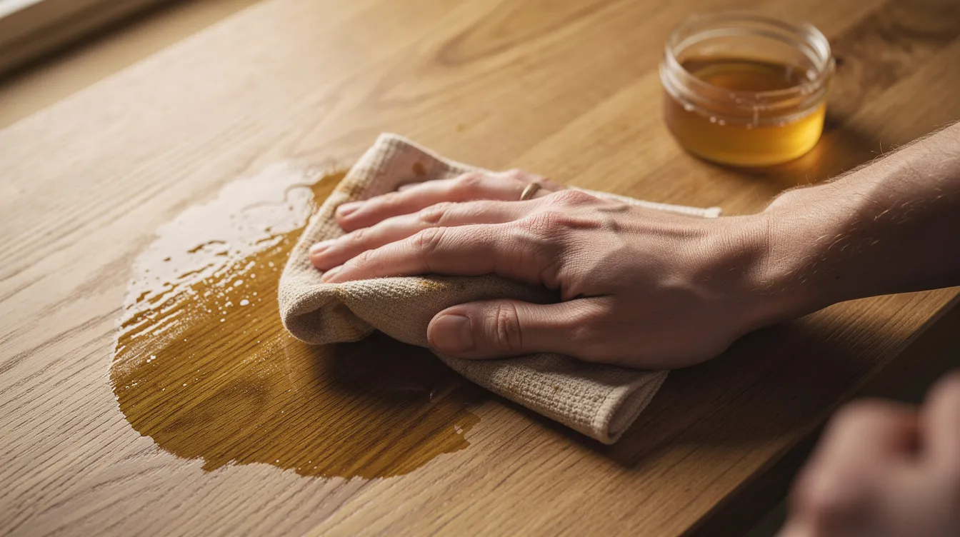 En närbild av händer som försiktigt oljar in en bordsskiva i massiv ek med naturlig olja, vilket framhäver träets struktur och kvalitet. Denna process är en del av att skapa vackra och hållbara designmöbler för hemmet, där varje detalj räknas för att ge en modern och stilren inredning.