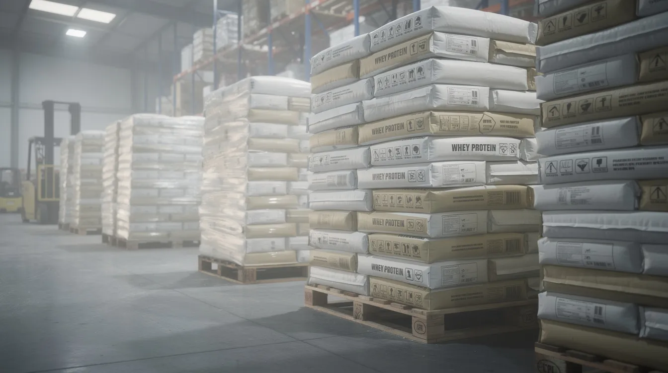 The image features large industrial bags of whey protein powder stacked neatly in a warehouse, showcasing the scale of the whey protein manufacturing plant. This setup reflects the essential raw materials used in the whey protein industry, emphasizing the importance of efficient storage and distribution in the production process.