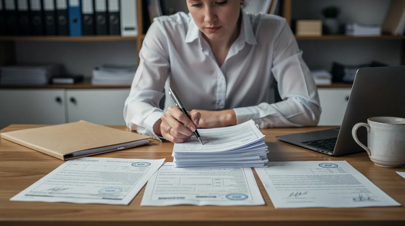 b702ab26 c7fa 47f5 8ee1 76bfef7dd430 The image shows a person meticulously examining official documents related to a loan application at a wooden desk, highlighting the importance of careful review for eligibility and details in the Pradhan Mantri Mudra Yojana. The setting suggests a focus on finance and the necessary paperwork for availing mudra loans.