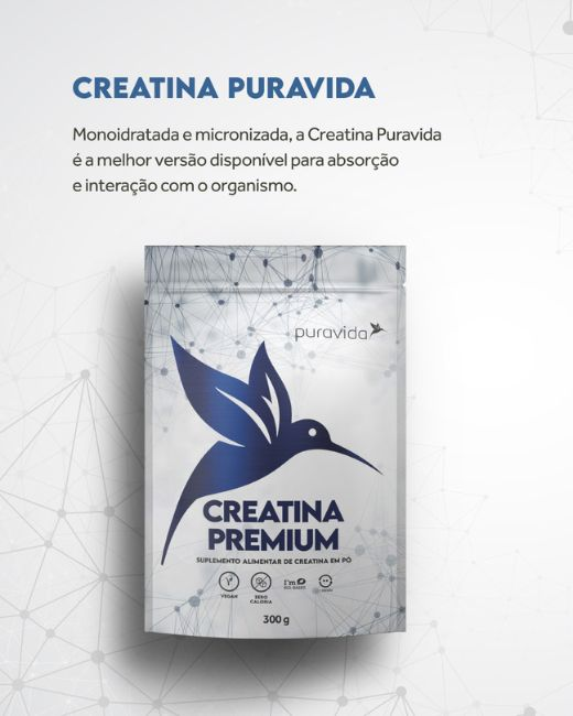Creatina Premium Puravida, com a explicação da marca sobre o produto. Imagem: site oficial da marca