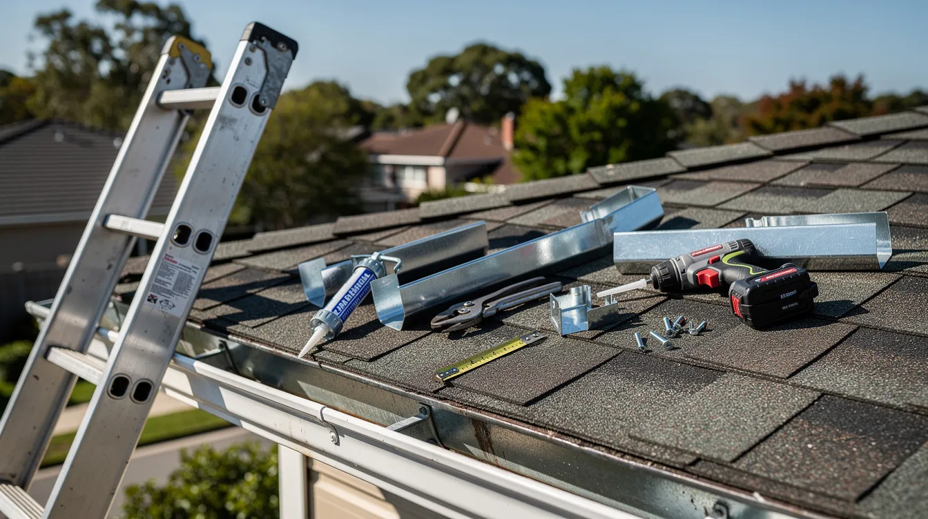 The image shows a variety of gutter repair tools and metal pieces neatly arranged on a roof, accompanied by a ladder. This setup suggests preparation for professional gutter installation or maintenance services, highlighting the importance of quality materials and proper techniques to prevent water damage.