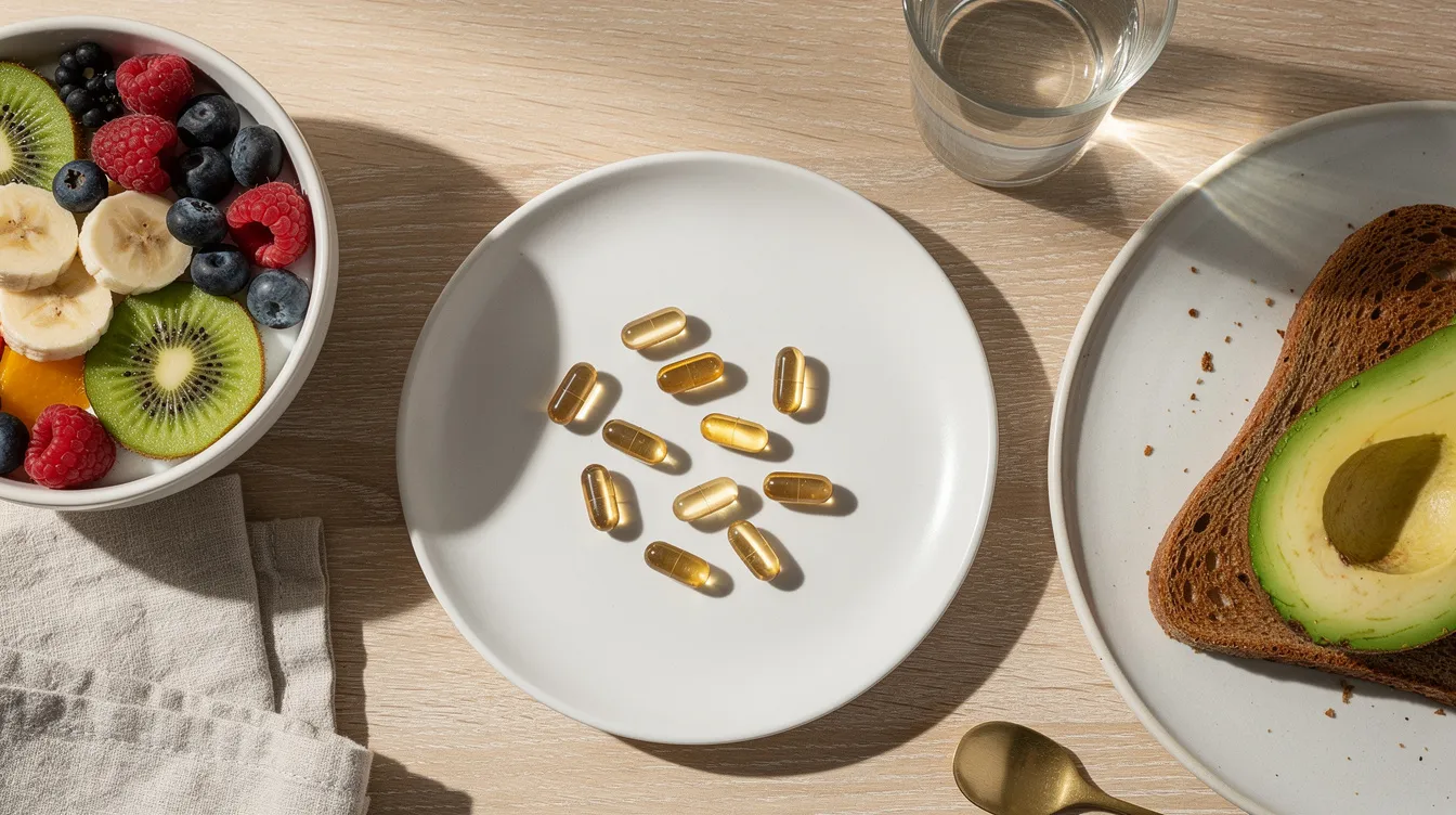 The image features a collection of supplement capsules, prominently displaying NMN supplements, arranged next to a nutritious breakfast setting that includes fruits and whole grains, symbolizing a focus on metabolic health and wellness. This scene emphasizes the potential health benefits of taking NMN, particularly for healthy middle-aged adults seeking to enhance energy production and overall well-being.
