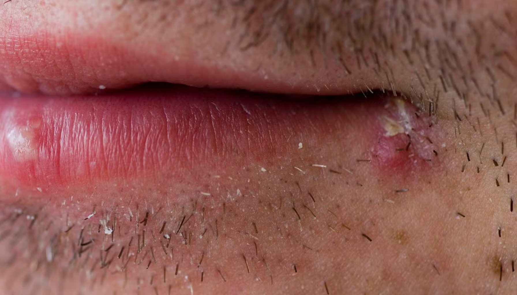 Sår i munnviken – Hva skyldes det og hvordan bli kvitt det? 15 Nærbilde av betent kvise eller hudinfeksjon ved leppe og skjeggstubb, med synlig rødhet og puss.