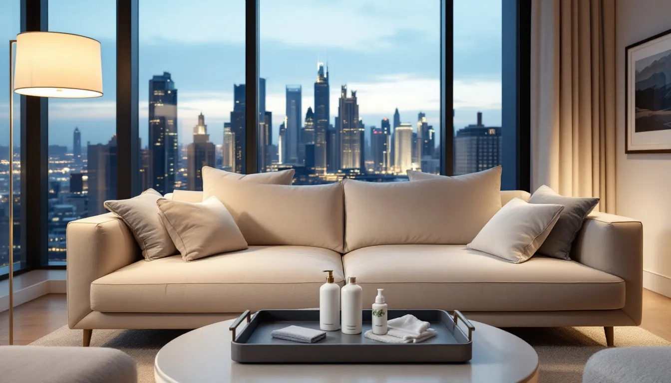 Eco-friendly cleaning products used for sofa cleaning.