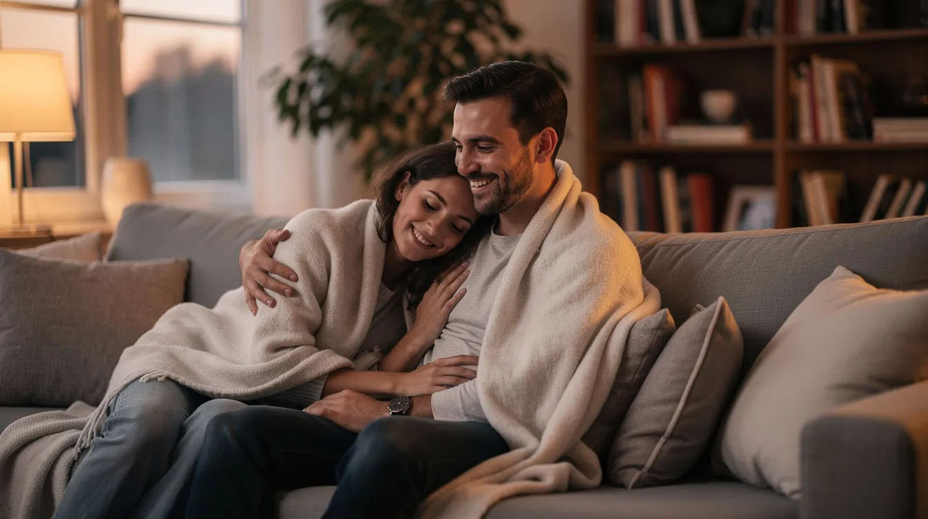 A happy couple is cuddling on a cozy couch, radiating emotional intimacy and physical affection as they enjoy quality time together. Their relaxed demeanor reflects a thriving relationship built on mutual respect and a deep emotional connection.