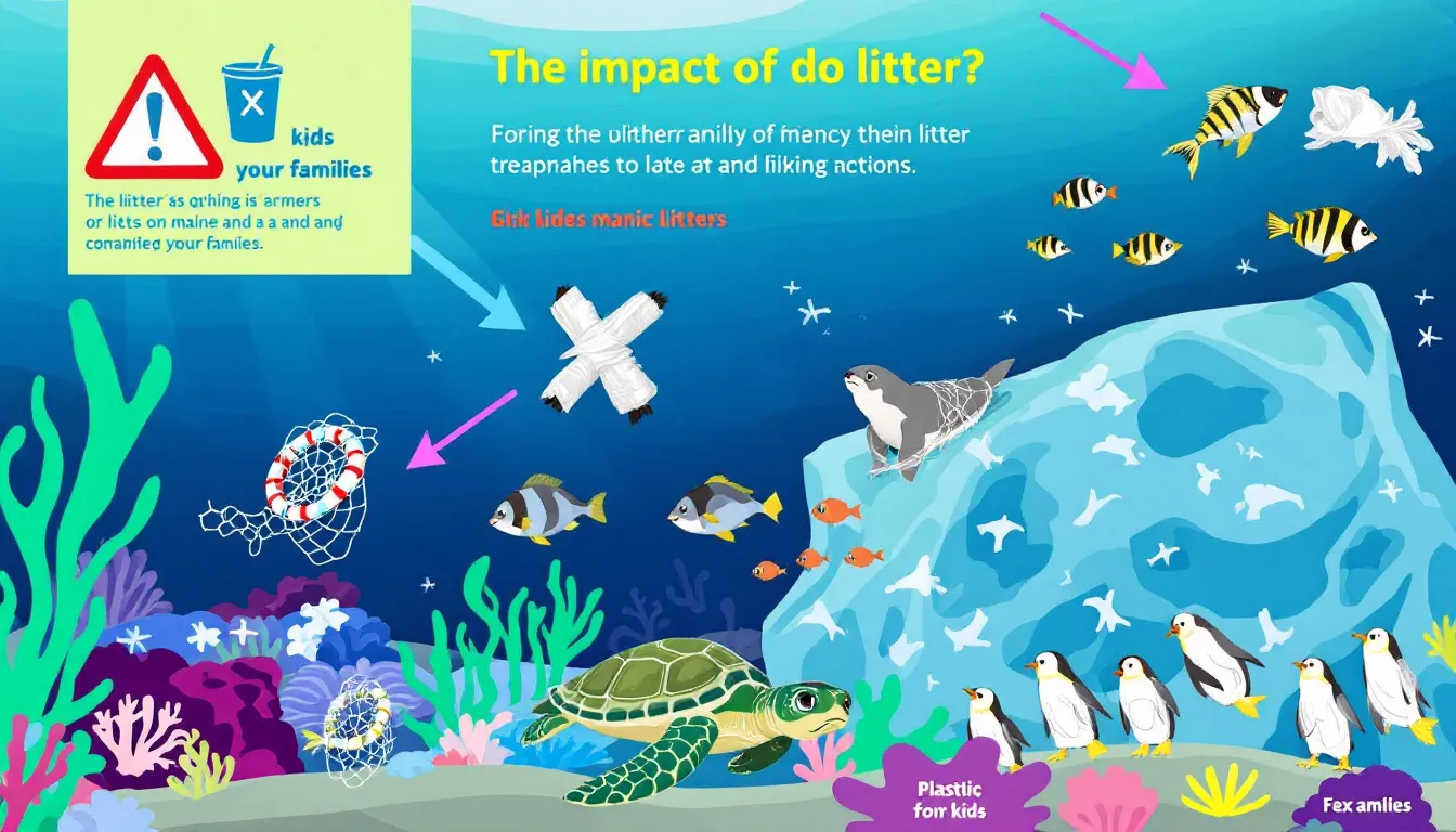 The impact of litter on marine ecosystems, highlighting affected wildlife.