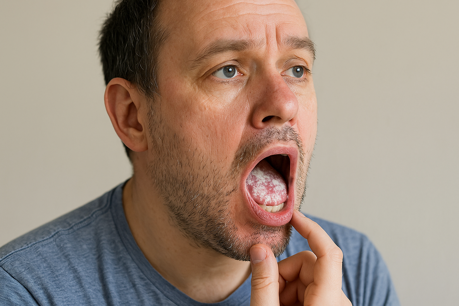 Trøske i Munnen: Ikke Bare for Babyer 16 Voksen mann med hvite belegg på tungen som viser symptomer på munntrøske, med munnen åpen og finger mot haken. sopp i munnen soppinfeksjon i munnen råd for å forebygge munnen hos symptomer på trøske forårsaket av soppen flekker på innsiden blant annet fullt utviklet hos barn slimhinnene i munnen ganen eller i halsen får trøske hos personer andre årsaker gi infeksjon sist oppdatert rødhet og hevelse cellegift kortison cheilitis angularis se ganske smerter råd ganger