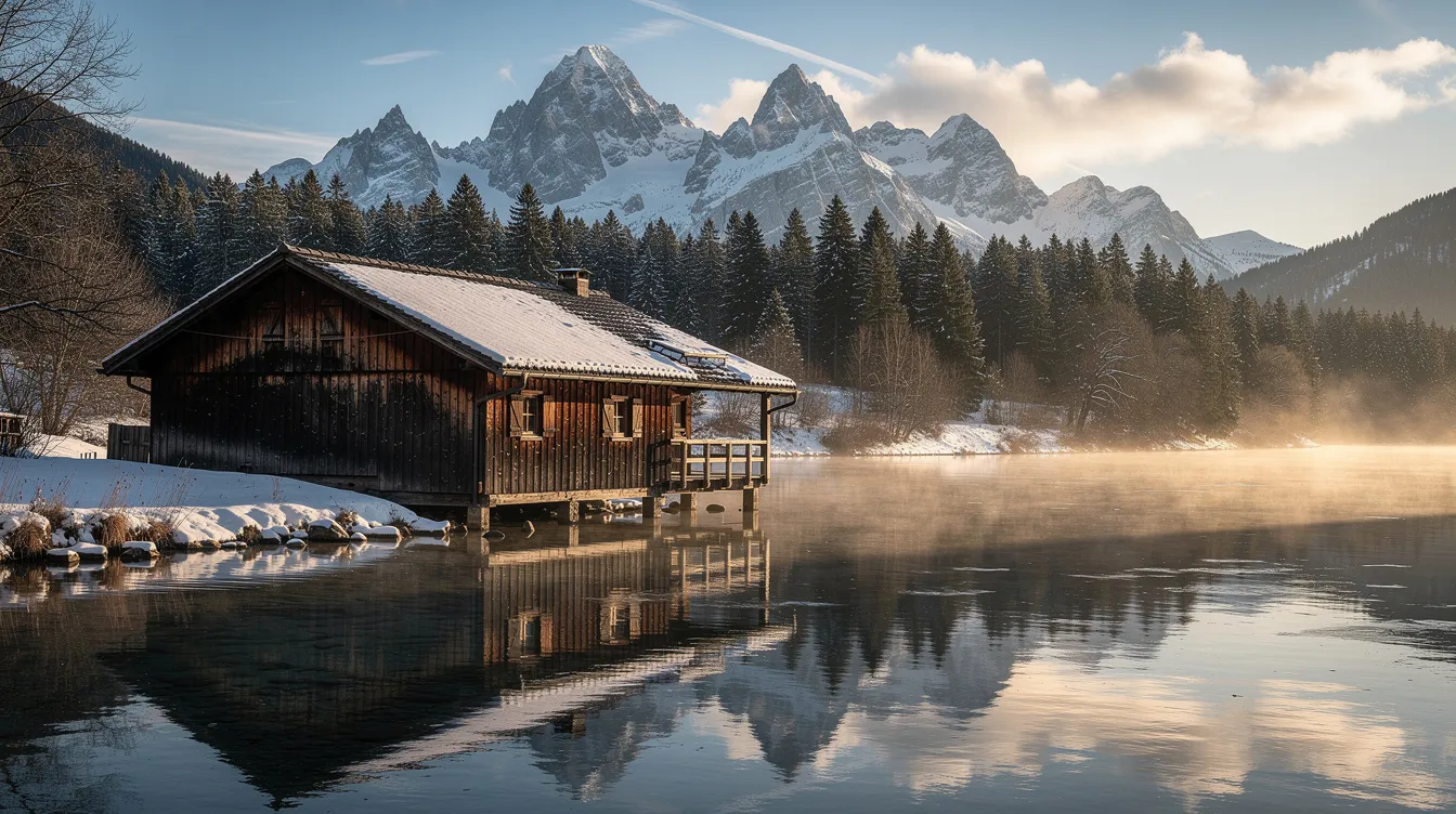 The image depicts a traditional wooden building situated along a serene river, with majestic snow-capped mountains rising in the background. This picturesque scene captures the essence of Jammu and Kashmir's natural beauty, inviting viewers to explore the region's rich culture and heritage.