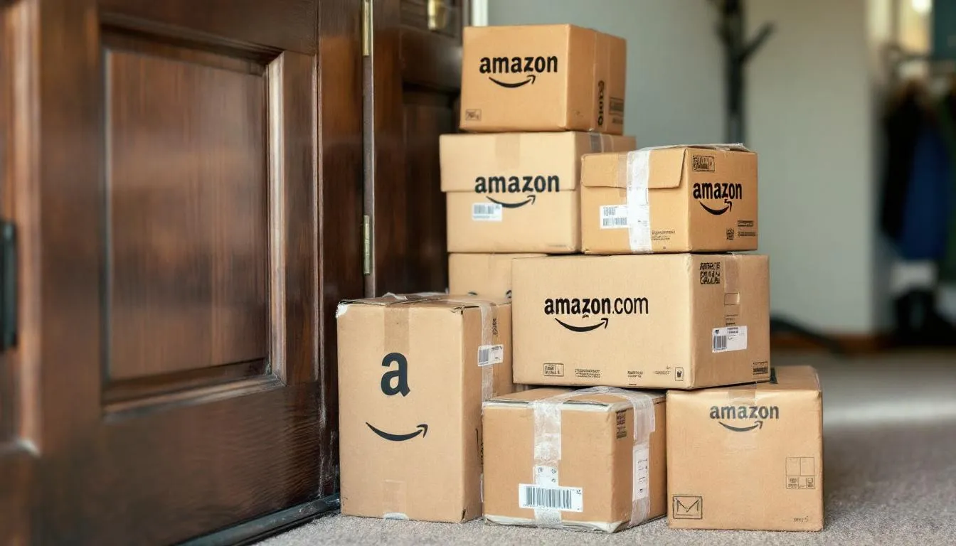 A stack of brown Amazon packages sits at the front door, amazon prime member, prime day 2025 in july