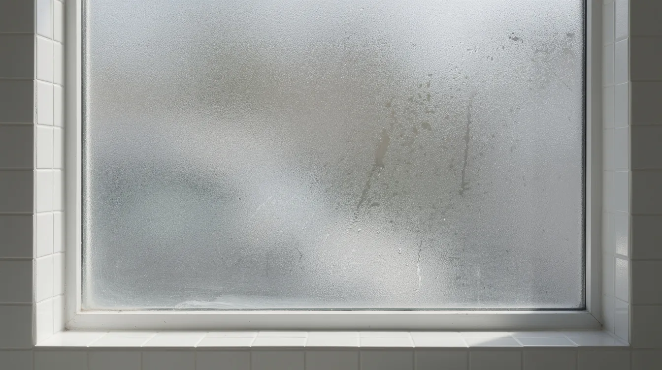 The image features a frosted glass bathroom window, allowing soft natural light to filter through, creating a serene and private atmosphere. The decorative window film adds a stylish touch while enhancing privacy in the interior space.