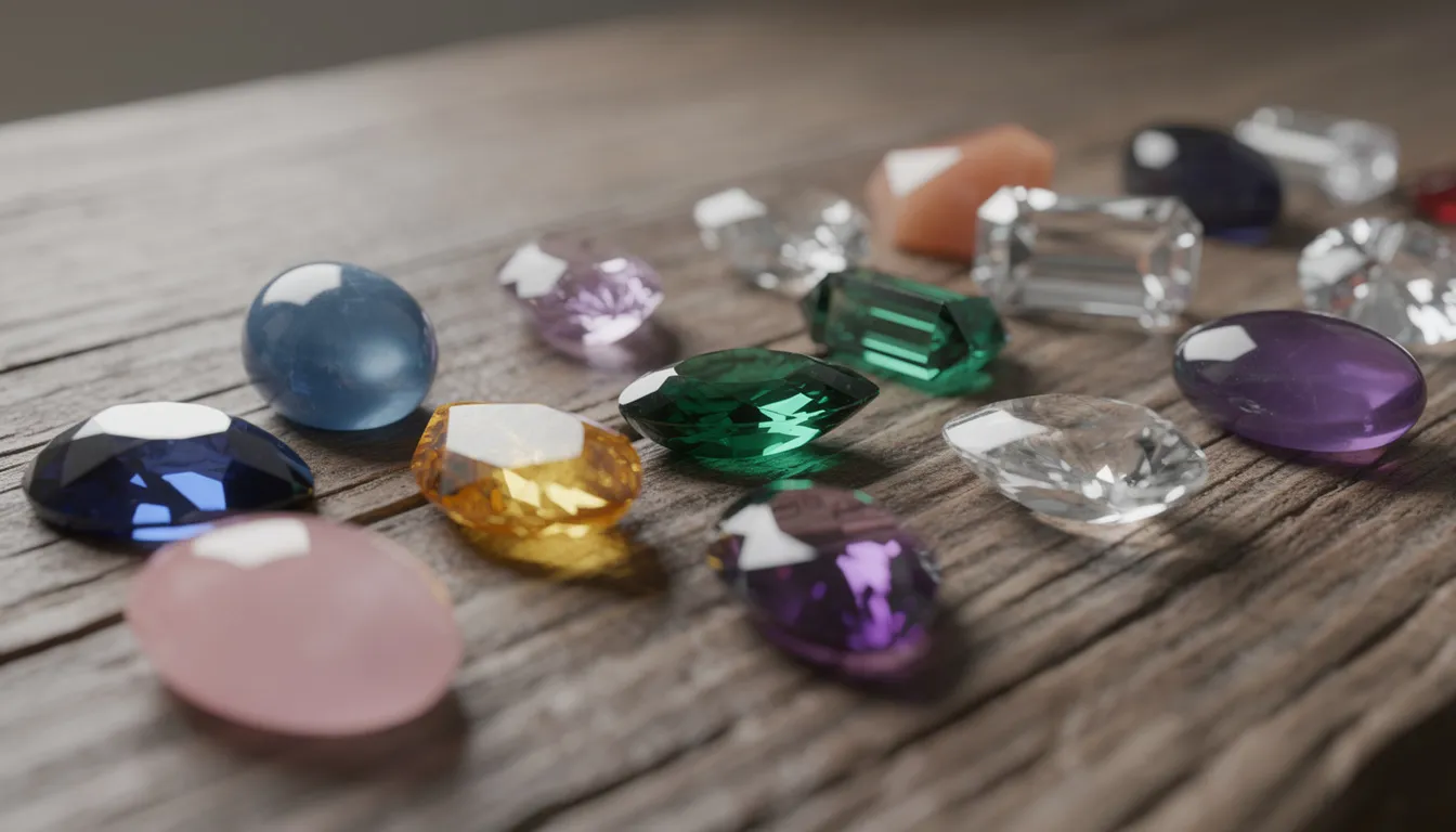 A variety of cabochons and faceted gems in different colors and cuts are elegantly arranged on a wooden surface, showcasing semi precious stones like rose quartz, lapis lazuli, and amethyst, perfect for jewellery making projects. The display highlights the natural beauty and sparkle of these loose gemstones, appealing to jewellery makers and enthusiasts alike.