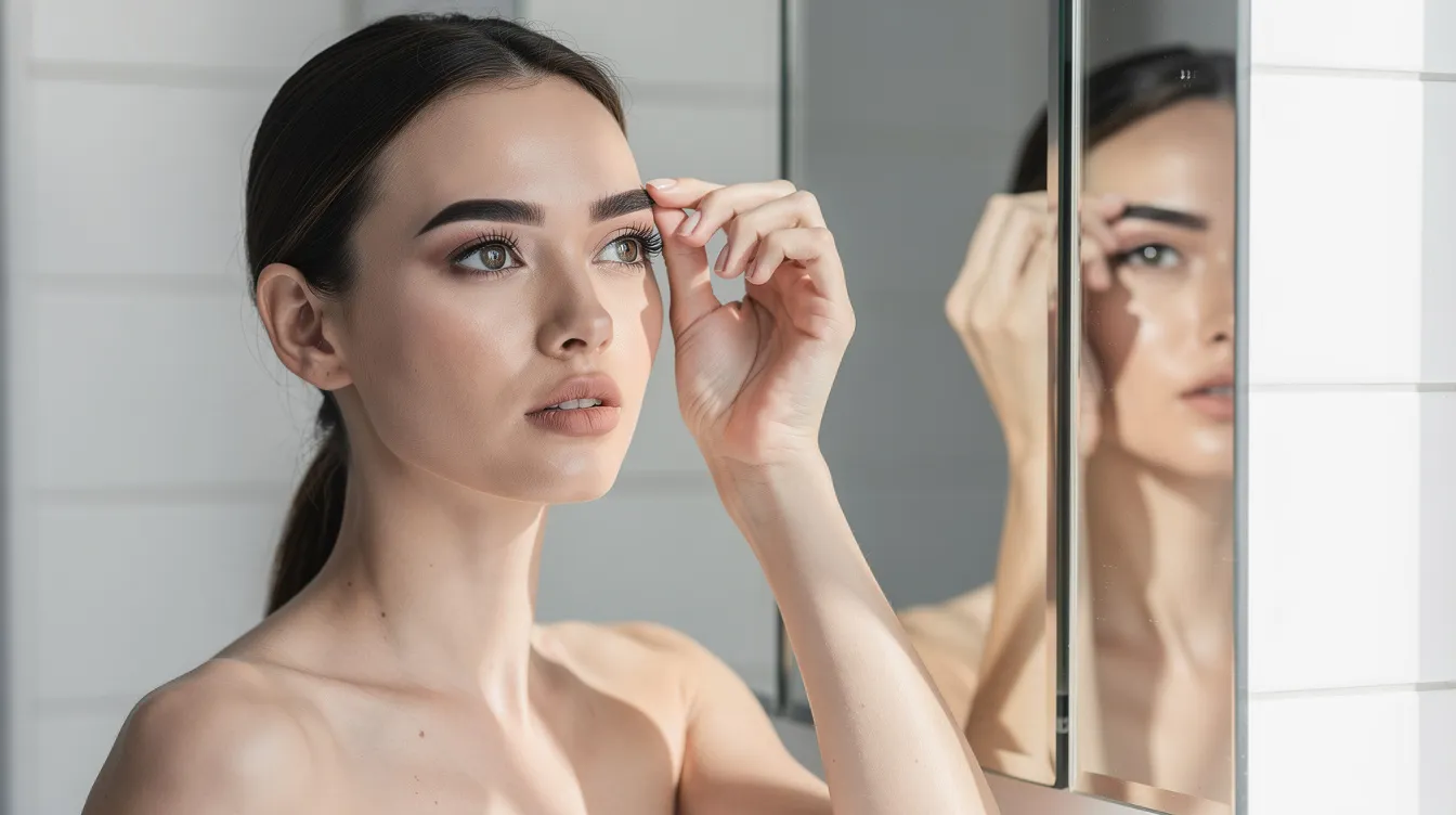 Eine Frau betrachtet im Spiegel ihre perfekt geformten Augenbrauen, die durch die Microblading-Behandlung in präzisen Linien und einer harmonischen Farbe gestaltet wurden. Ihr Gesicht zeigt Zufriedenheit und Selbstbewusstsein, während sie die Ergebnisse dieser permanenten Make-up-Methode bewundert.