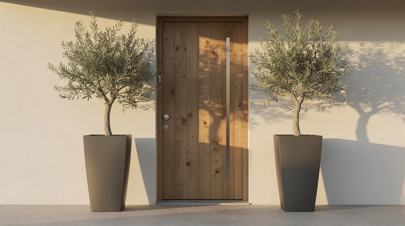 The image features a pair of tall modern outdoor planters, each containing olive trees, positioned on either side of a stylish timber front door, creating an inviting entryway. The sleek design of the large outdoor pots complements the contemporary aesthetic of the home, enhancing the outdoor space.