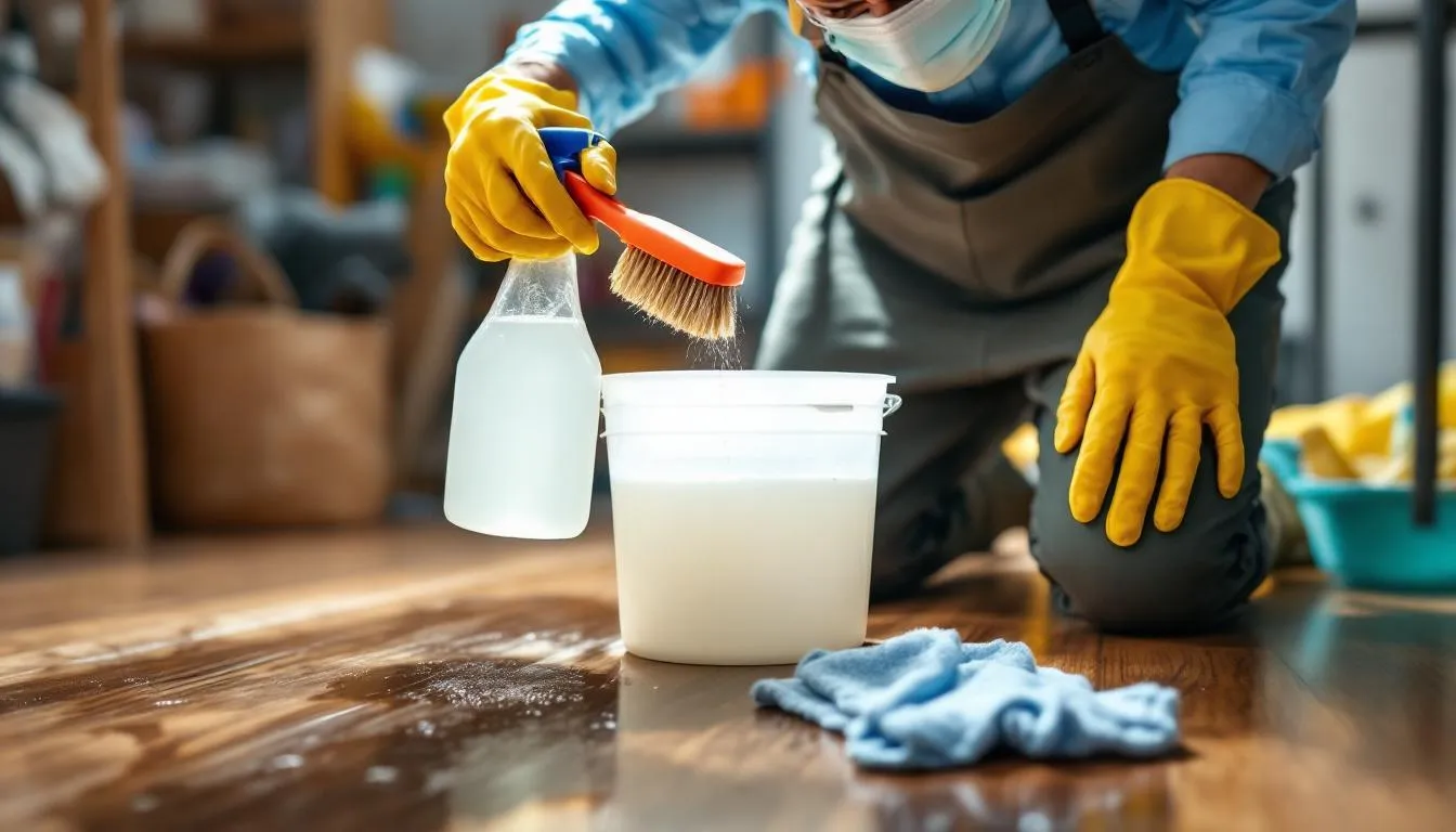 Cleaning rat urine stains effectively, showcasing cleaning supplies.