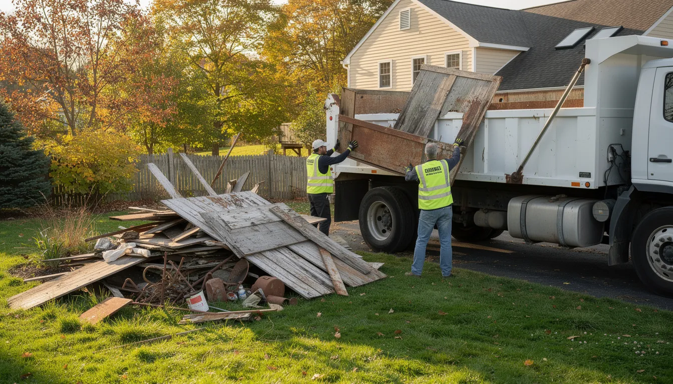 A professional junk removal crew is seen loading debris from an old shed into a truck in a Connecticut backyard, showcasing their expertise in shed removal services. The experienced team efficiently handles the shed demolition process, ensuring proper disposal of materials for a clean and open space.