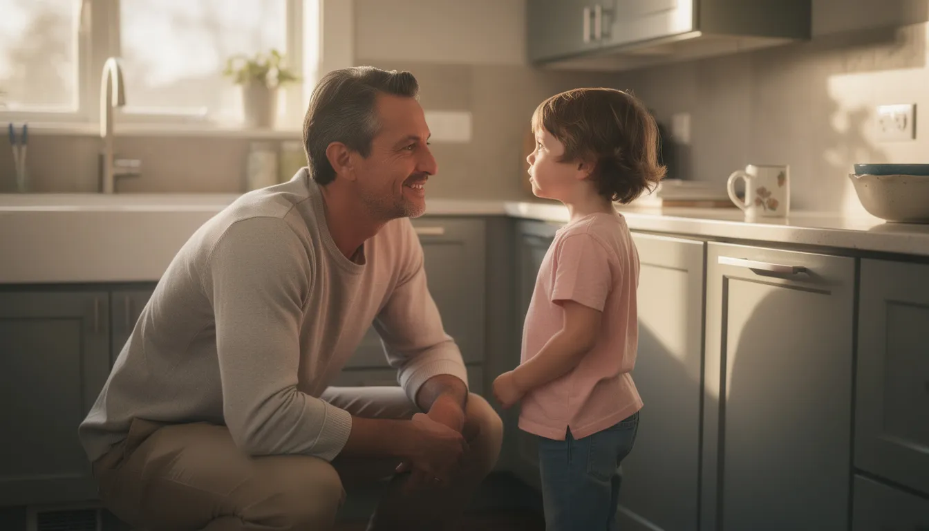 A father kneels down to his child's level in a warmly lit kitchen, displaying a gentle expression that conveys love and support. This heartfelt moment captures the essence of fatherhood, emphasizing the importance of nurturing relationships and the role of a father as a guiding figure in one's youth.