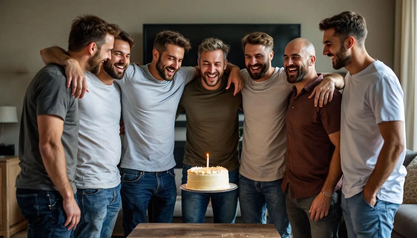 Na obrazku widzimy grupę mężczyzn, którzy radośnie świętują urodziny swojego przyjaciela przy torcie, otoczeni balonami i dekoracjami. Wszyscy mają uśmiechy na twarzach, a w powietrzu unosi się atmosfera radości i serdecznych życzeń urodzinowych.