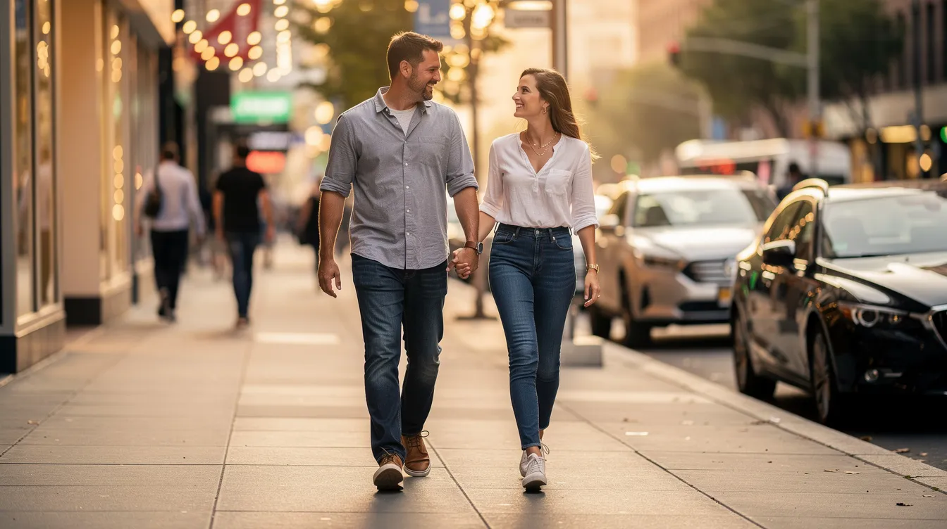 A couple walks hand-in-hand down a bustling city street, their genuine expressions reflecting a deep bond and emotional intimacy. Surrounded by the vibrant life of the city, they share a moment of connection, showcasing their strong relationship through open communication and mutual understanding.