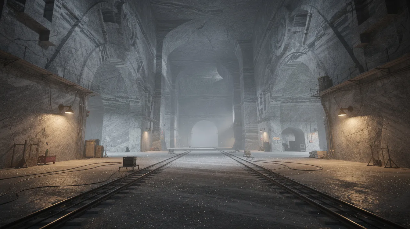 A imagem mostra as câmaras subterrâneas da mina de sal de Wieliczka, na Polônia, com paredes esculpidas e iluminação atmosférica, destacando a capela de Santa Kinga e esculturas em sal. Este local, um patrimônio mundial da UNESCO, é uma atração turística famosa, repleta de história e beleza subterrânea.
