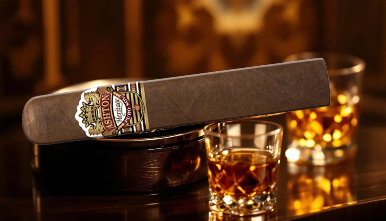 An Ashton Heritage Puro Sol Double Corona cigar with a glass of whiskey.