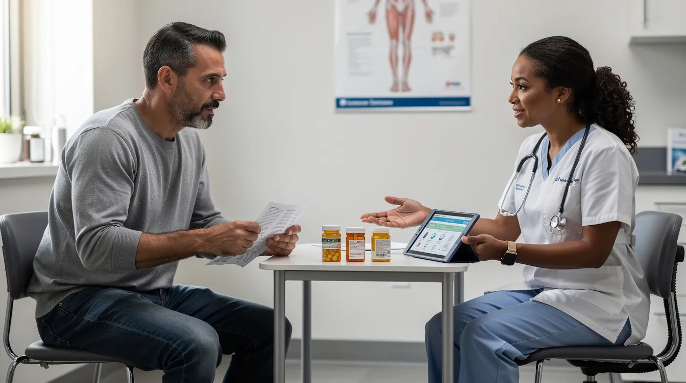 A man is sitting across from a healthcare provider in a clinic, discussing various weight loss medication options for managing obesity and chronic weight management. They are reviewing the potential benefits and possible side effects of prescription medications while considering the man's personal health history and lifestyle changes.