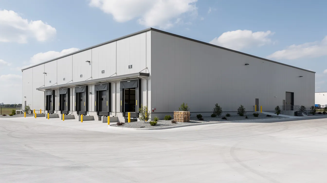 The image depicts a clean industrial warehouse building featuring a loading dock and an open yard area, suitable for the operation of a fully automatic besan plant. This setup is ideal for the processing of chana dal into high-quality gram flour, with ample space for besan grinding machines and other food processing machinery.