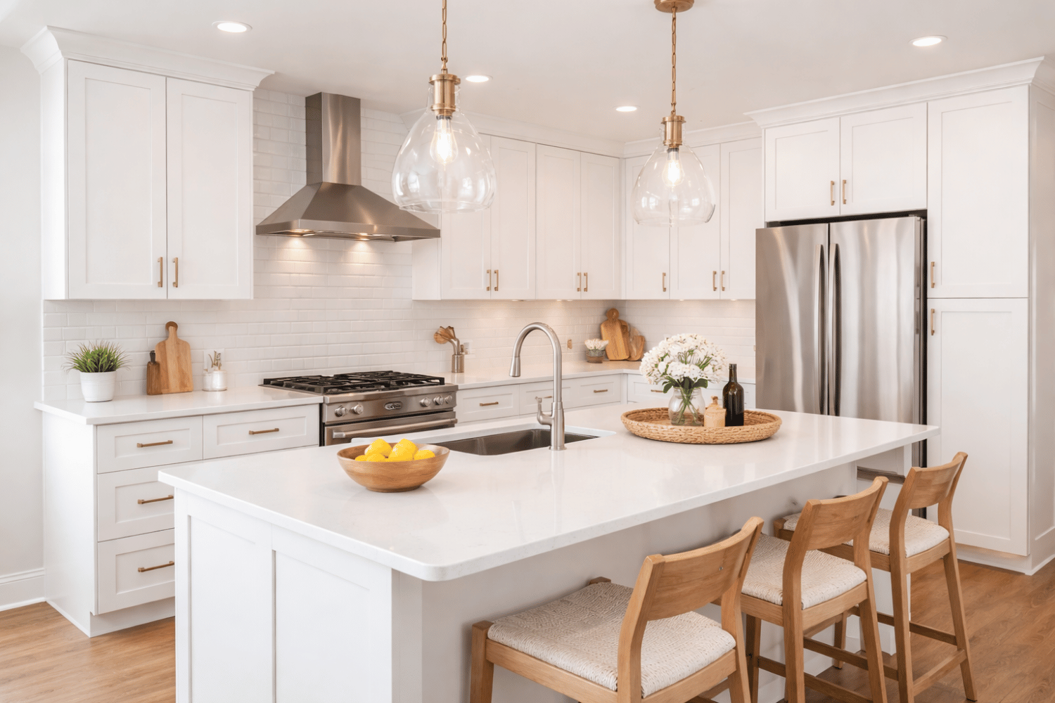 How To Prepare Your Boone County Home To Sell This Spring Without Over Improving 2 The Image Depicts A Bright Kitchen Featuring Updated Cabinet Hardware And Modern Light Fixtures, Complemented By Clean Countertops That Enhance Its Appeal. This Inviting Space Is Perfect For Attracting Potential Buyers In The Missouri Real Estate Market, Making It Move-In Ready And Increasing Your Home'S Value.