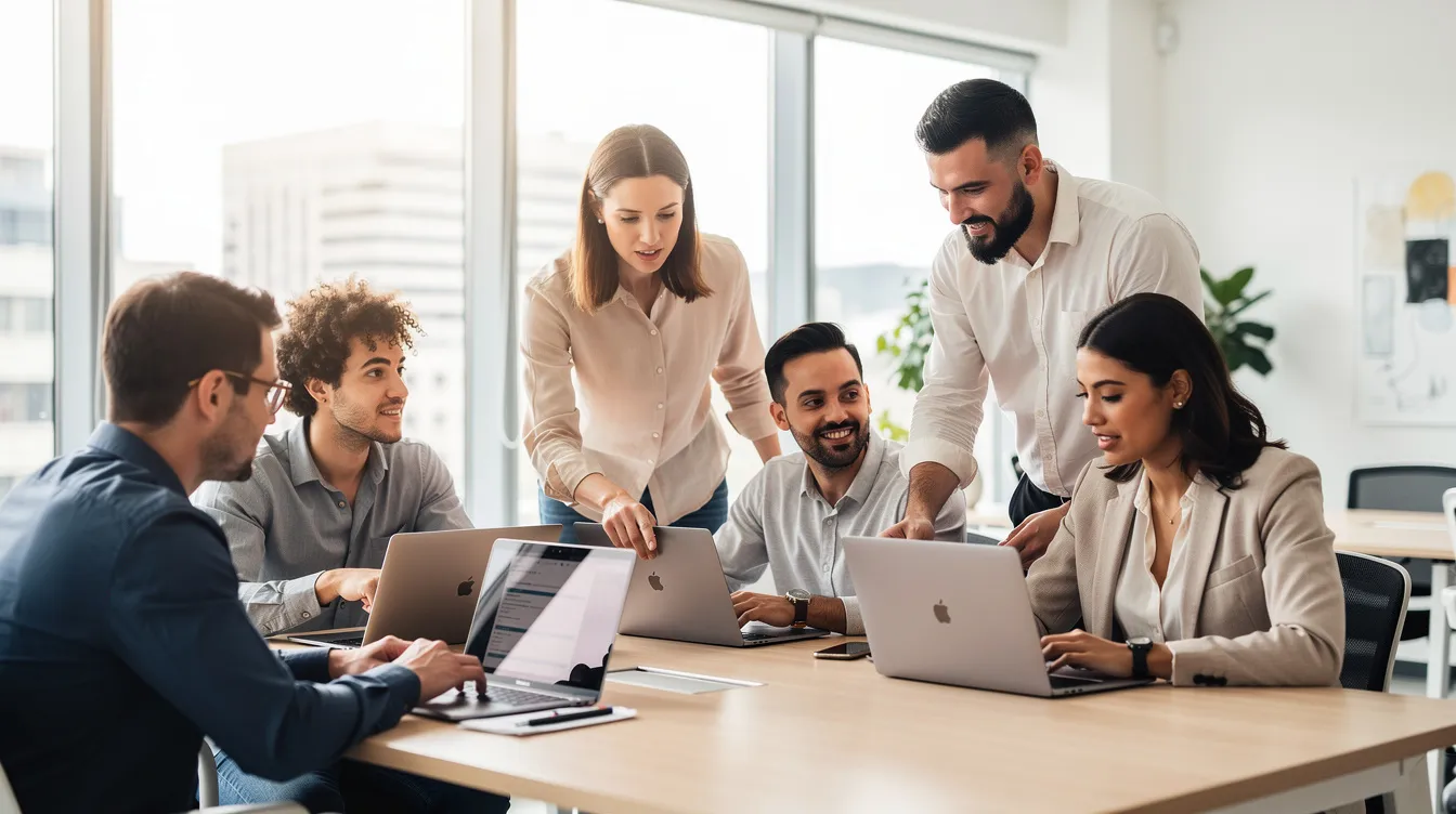 A diverse modern team collaborates around laptops in a bright office, engaged in tasks related to data extraction and document processing. They focus on accurate data entry and analysis, utilizing various tools to enhance their business operations and drive data-driven decisions.