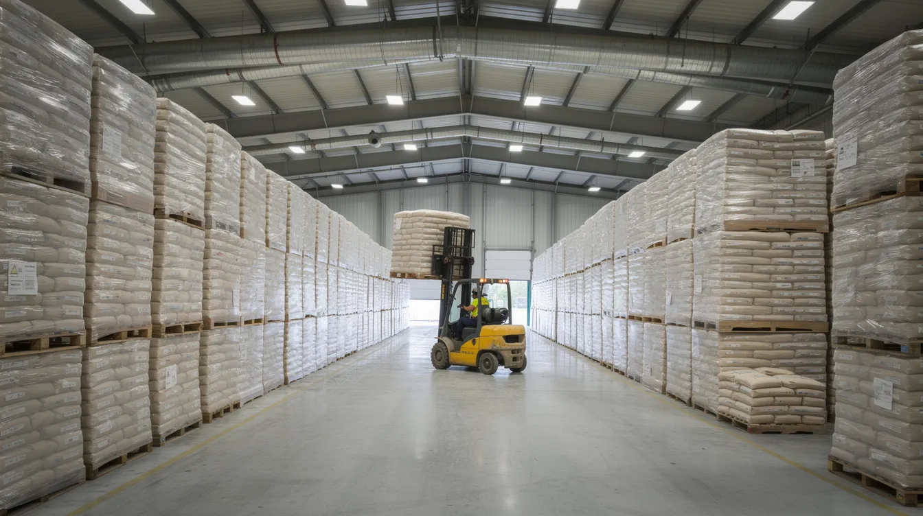The image depicts the interior of a large warehouse filled with rows of palletized grain bags, highlighting a forklift navigating a wide central aisle beneath a high ceiling with industrial lighting. This setting is essential for the storage and processing of raw materials like paddy, contributing to the efficient workflow of a rice mill plant.