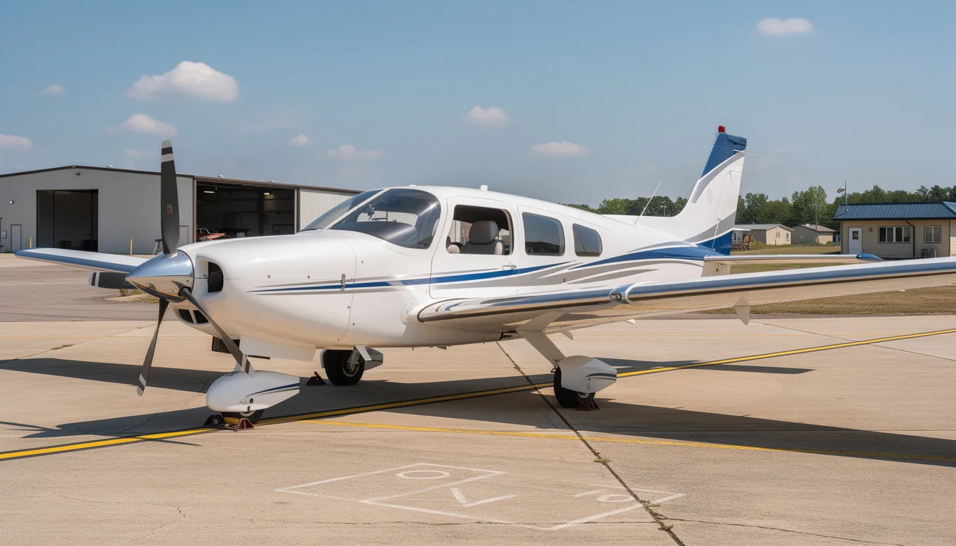 A single-engine Cessna airplane is parked on an airport ramp, showcasing its sleek fuselage, wings, and vertical stabilizer. The aircraft is equipped with various avionics systems, including a GPS antenna and transponder, ready for future flights by student pilots.