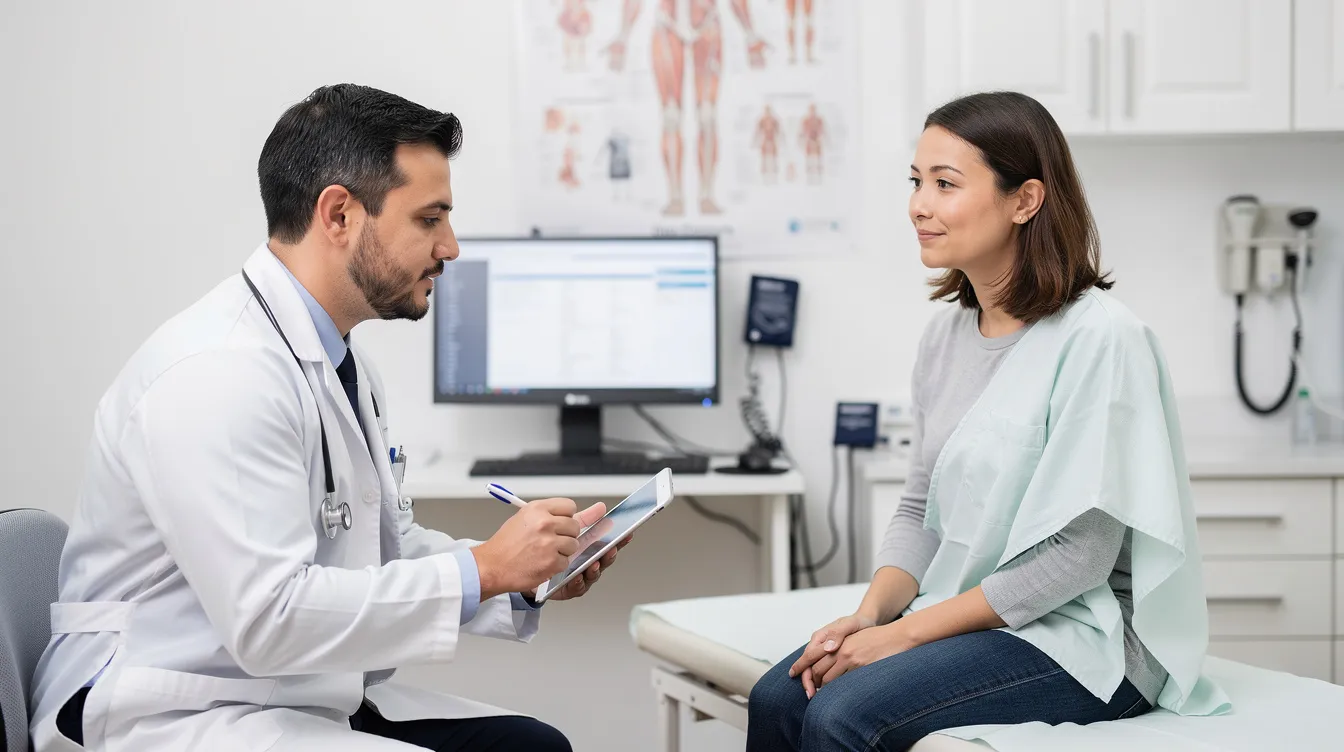 The image depicts a medical professional consulting with a patient in a clinical setting, discussing topics related to wound healing and tissue repair. The healthcare provider is likely advising on peptide therapy options such as BPC 157 and TB 500, which are known for their potential to accelerate healing and support recovery from injuries.