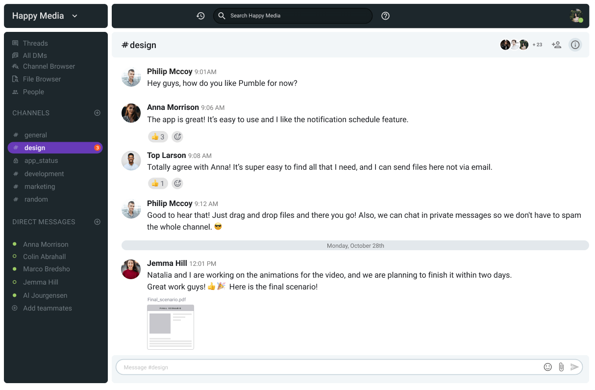 A screenshot of Pumble, an example of a Slack alternative.