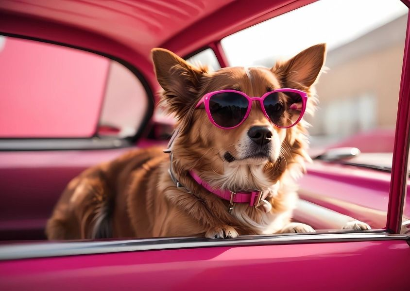 Corgi Wearing Pink Sunglasses In A Pink Car