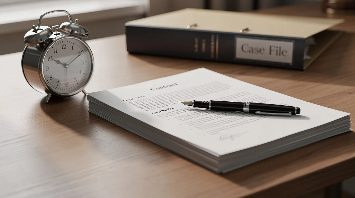 A clock sits next to legal documents on a desk, representing the urgency of filing a personal injury lawsuit before the statute of limitations expires. This image emphasizes the importance of understanding legal deadlines in personal injury cases, such as those involving car accidents or medical malpractice.