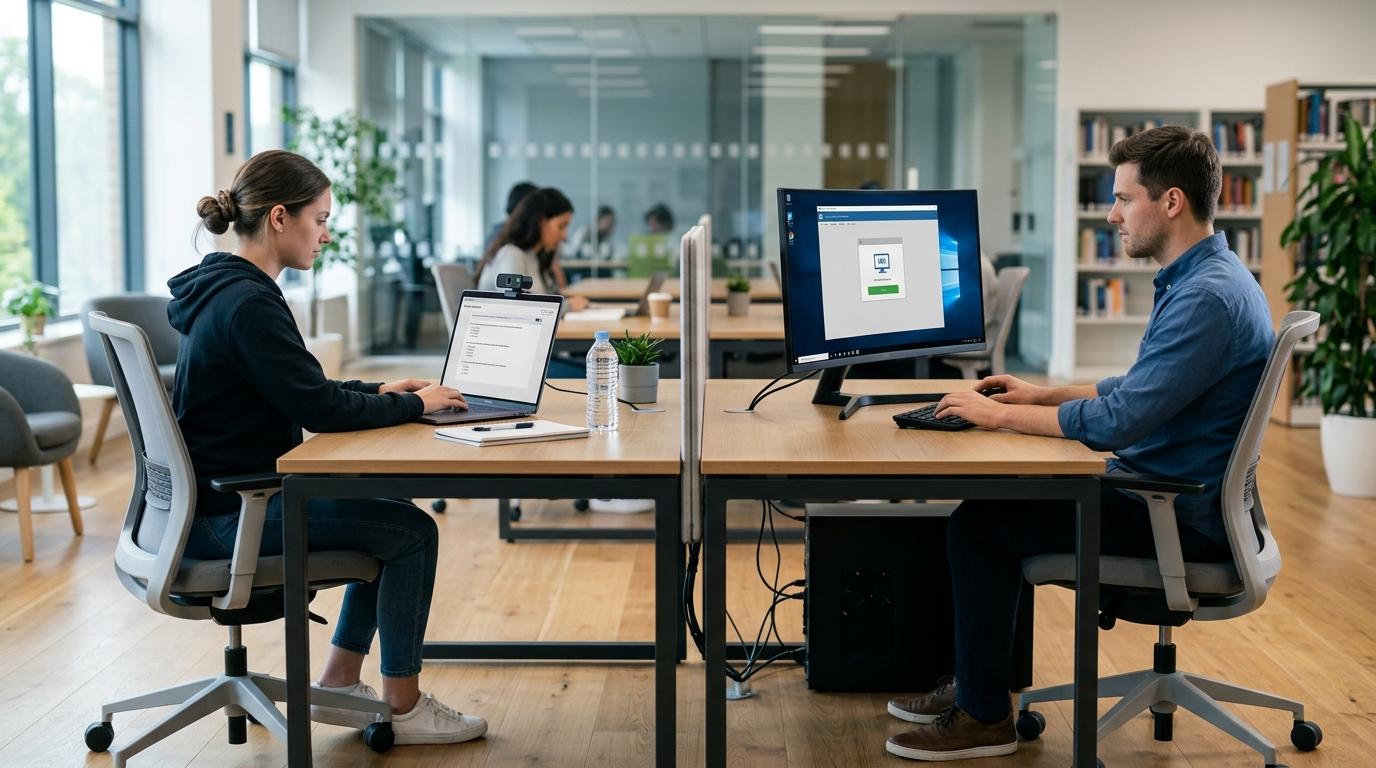 University IT concept showing one exam protected through webcam monitoring and another through an isolated virtual desktop.
