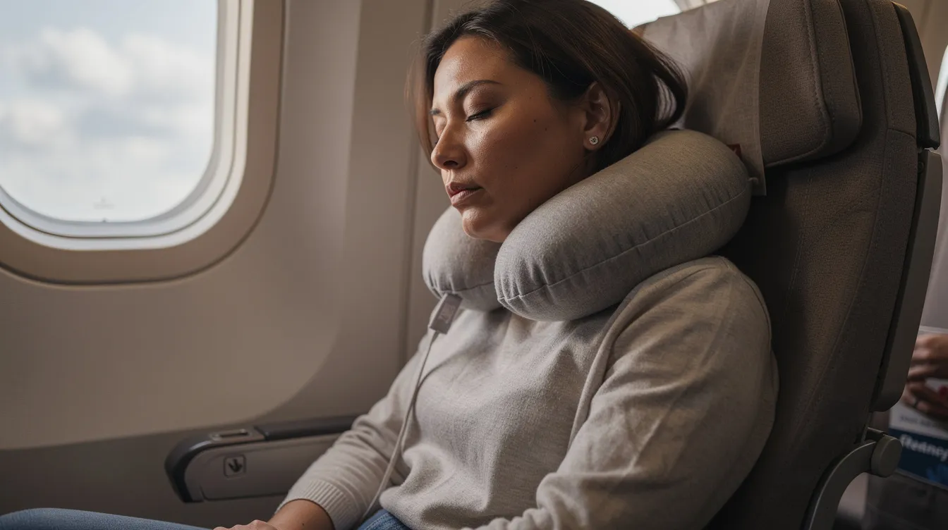 A traveler is resting their head on a soft travel neck pillow while seated in an airplane, showcasing the excellent support of memory foam. The compact size of the pillow makes it ideal for travel, ensuring comfort during their next adventure.
