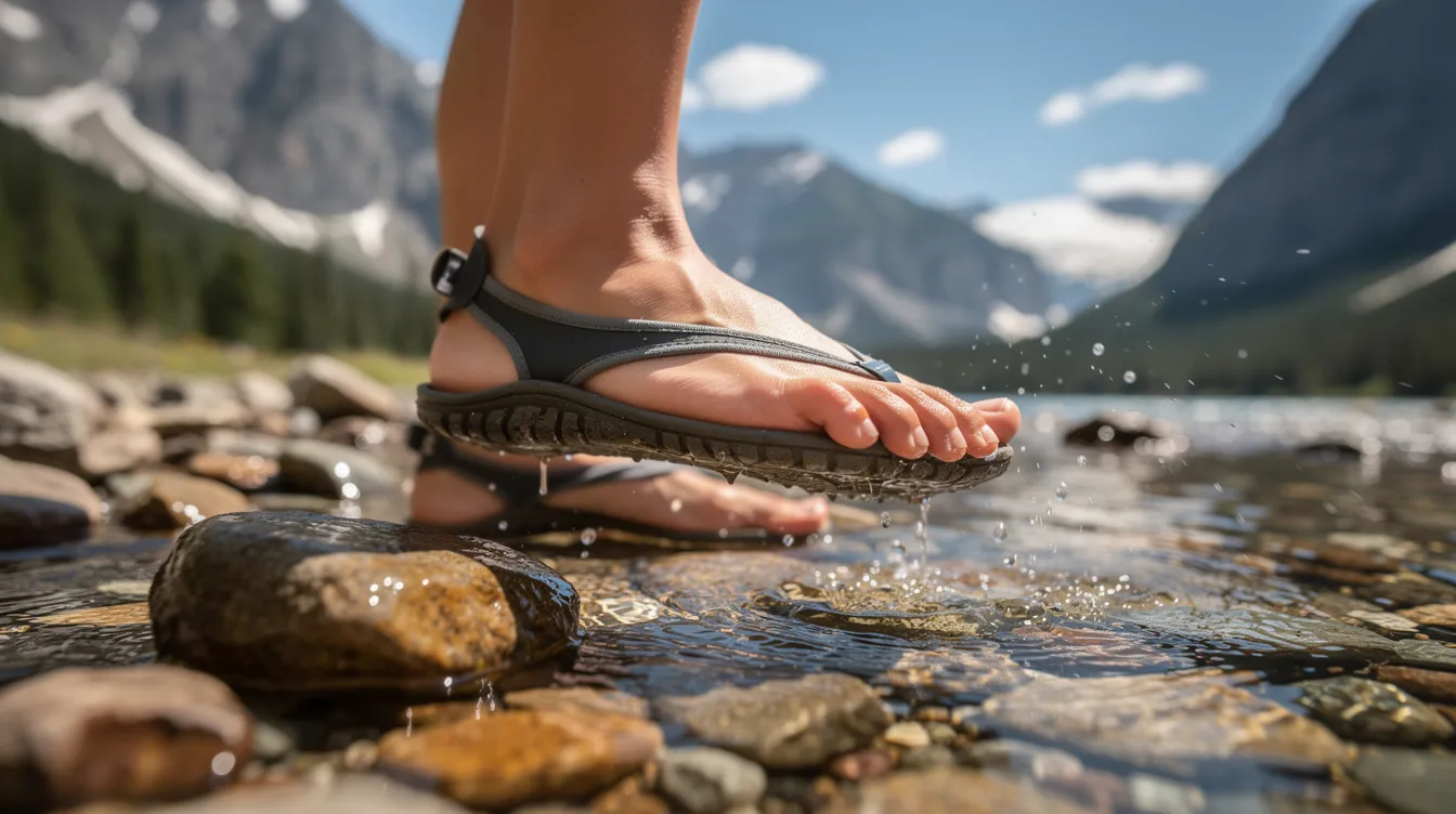 A person is crossing a shallow, rocky stream while wearing minimalist barefoot water shoes, designed for comfort and good grip, with beautiful mountains in the background. The scene captures a sense of adventure, perfect for summer water sports and outdoor activities.