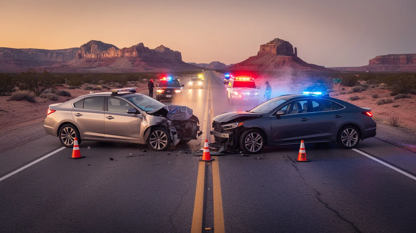 The image depicts a two-car collision on a desert highway in the American Southwest, with emergency lights flashing in the background. This scene may evoke thoughts of insurance bad faith, where an insurance company might unreasonably deny coverage or fail to handle claims fairly following a personal injury claim resulting from such an accident.