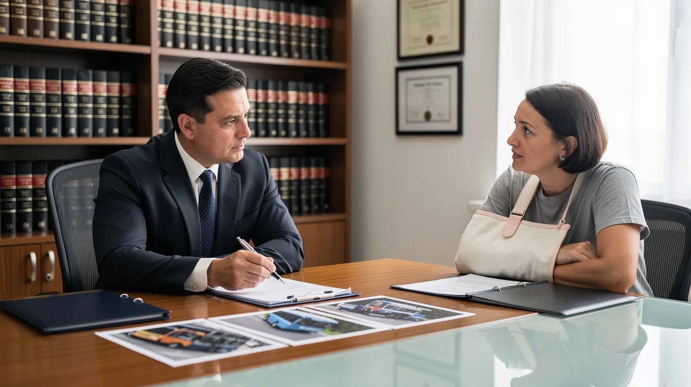 In a modern law office bathed in natural light, a personal injury lawyer is engaged in a serious discussion with an injured client, reviewing documents and accident photos related to a bus accident case. This candid moment captures the professional atmosphere of legal consultation as they navigate the complexities of personal injury claims and seek fair compensation for the client's medical expenses and lost wages.