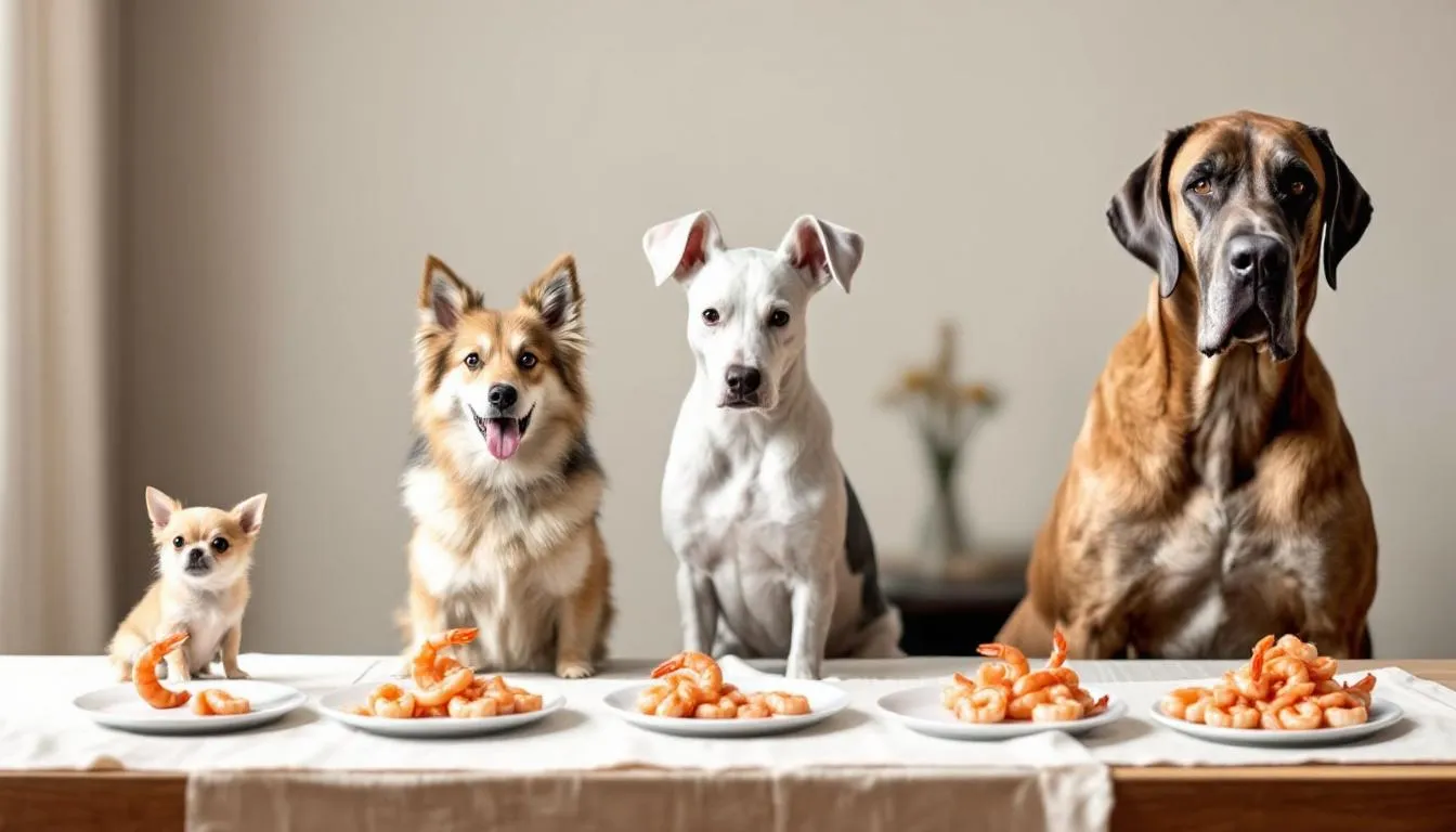 In the image, various sized dogs are positioned next to appropriately portioned shrimp, illustrating how much shrimp is safe for different dog sizes. This visual guide highlights the importance of feeding shrimp to dogs in moderation to avoid choking hazards and potential digestive upset.