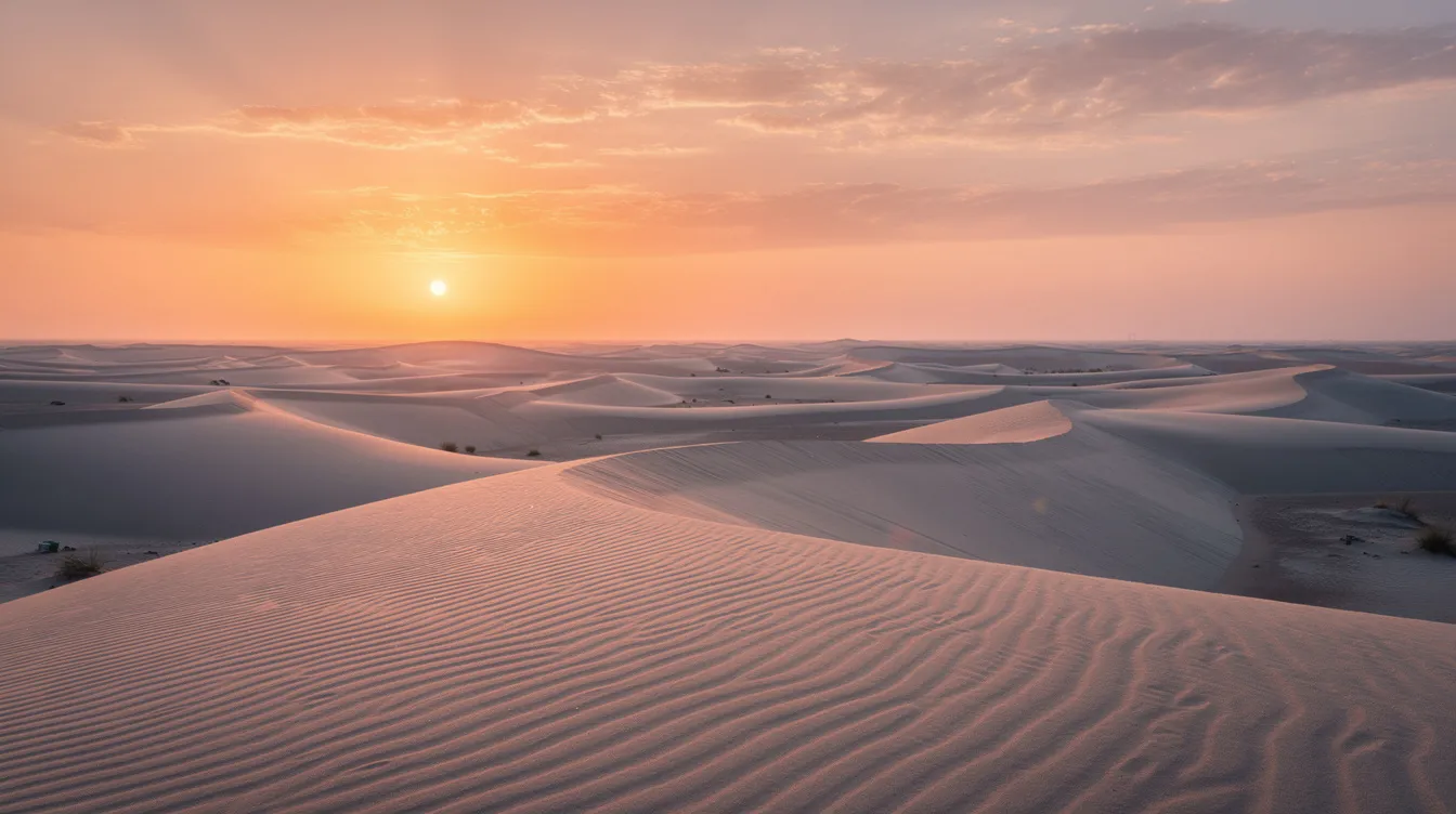 The image captures a breathtaking sunrise over the mesmerizing Erg Chebbi dunes in the Merzouga desert, with warm orange and pink hues painting the sky. This stunning landscape invites travelers to embark on a desert tour from Marrakech, where they can enjoy camel rides and experience the beauty of the Sahara desert.
